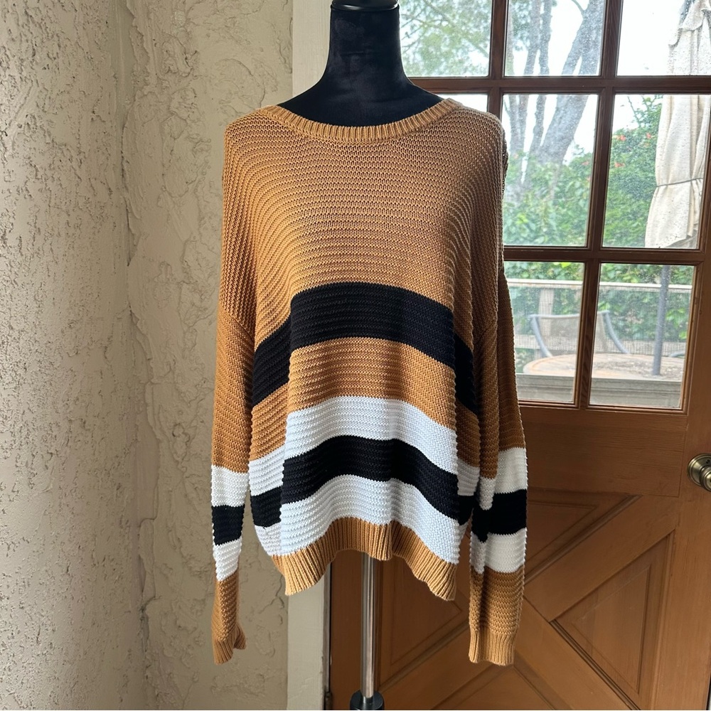 🦋 Time and Tru Crew Neck Long Sleeve Tan with Black & White Stripes Knit Sweater